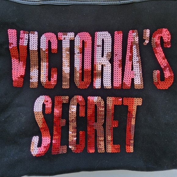 Victoria's Secret Logo Sequin Tote Bag Black Canvas Red Pink Large - Picture 4 of 14